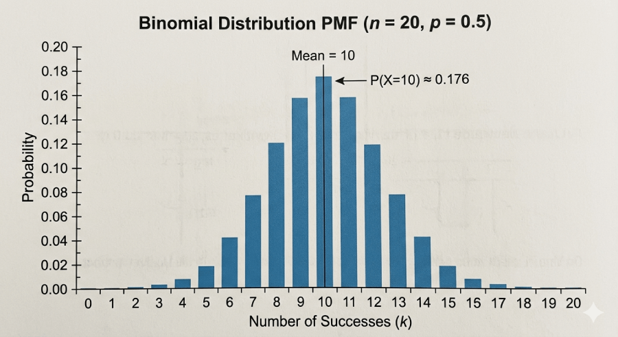 Binomial PMF n=20 p=0.5 symmetric distribution