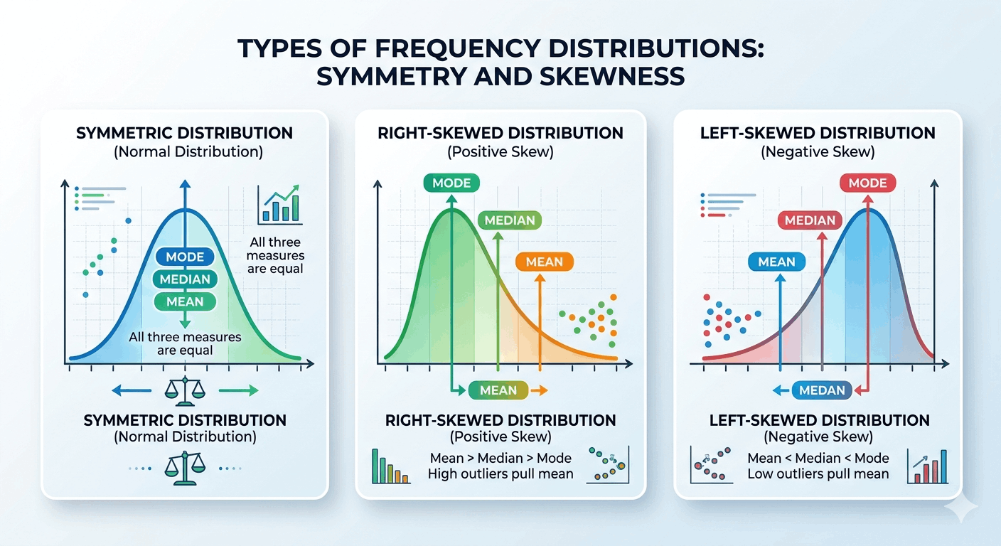 Mean median mode position in symmetric, right-skewed, and left-skewed distributions