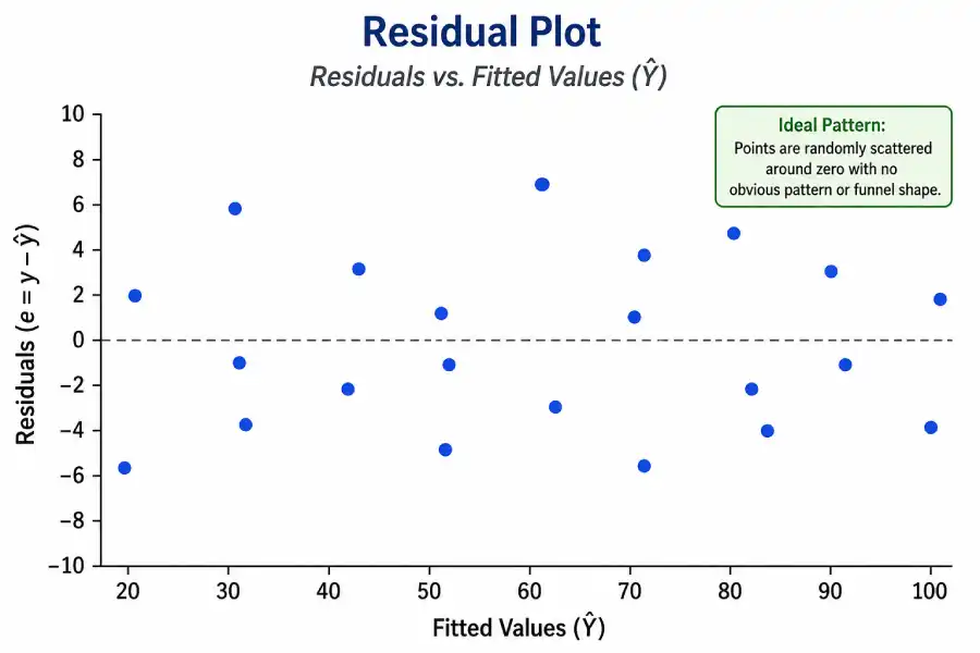 Residual plot showing randomly distributed residuals around zero, indicating homoscedasticity.